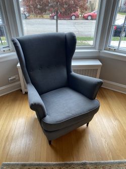 MCM IKEA dark gray Strandmon Wing Back Chair w/ Ottoman