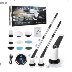 Electric Spin Scrubber, Cordless Shower Cleaning Brush with 8 Replaceable Brush Heads, 3 Adjustable Speeds, Detachable & Extendable Long Handle Scrubb