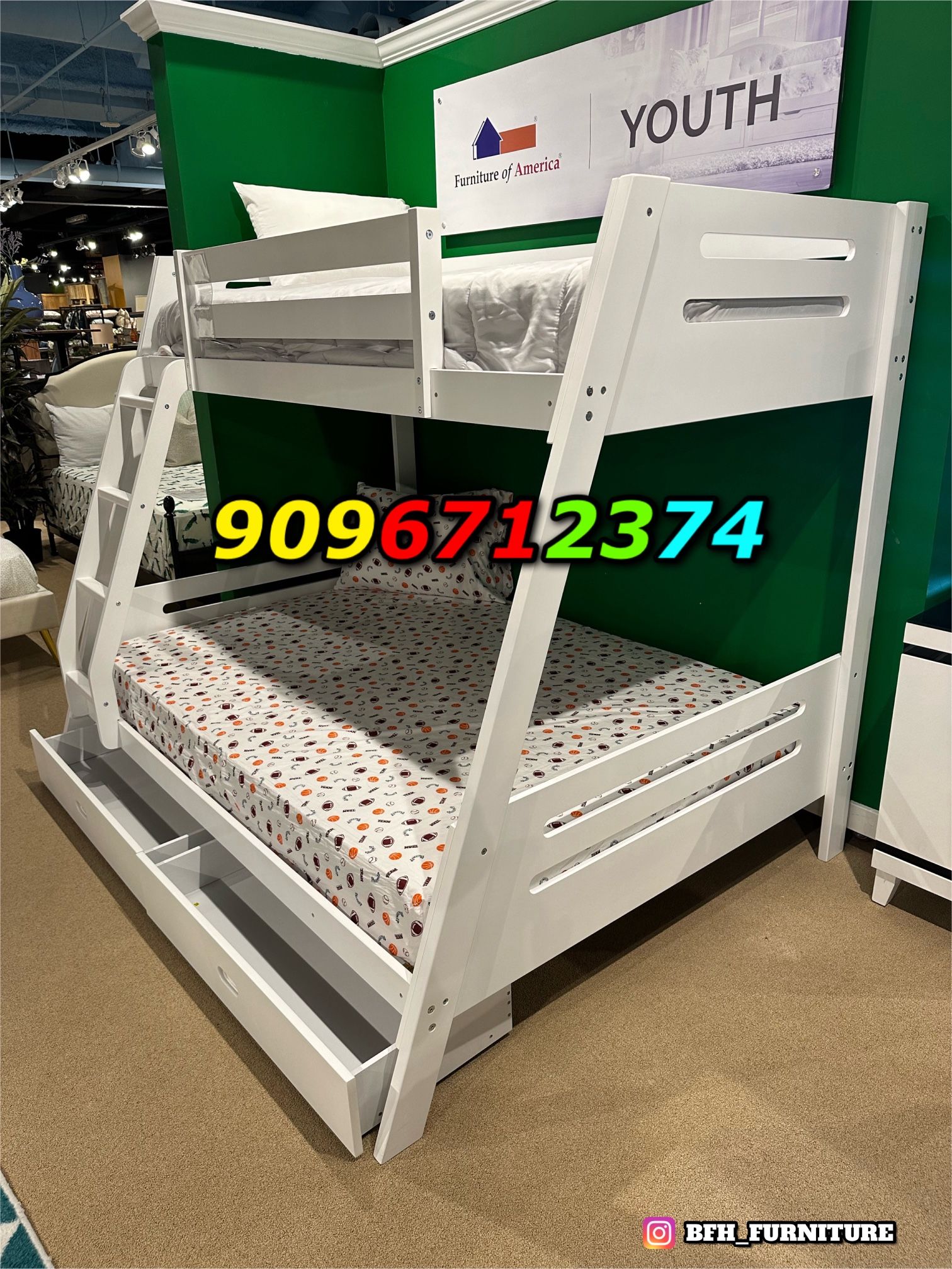 Twin/Full White Bunk bed w. Drawers & Ortho Mattresses Included