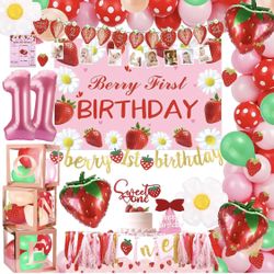 First Birthday Decorations for Girl, 1st Birthday Decorations Party Supplies, Strawberry Theme Backdrop Party Decor Sweet Strawberry Balloons for Ist 