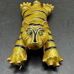 Hammerman Brothers 18K Gold Emerald Tiger Brooch Enamel Vintage Estate Jewelry