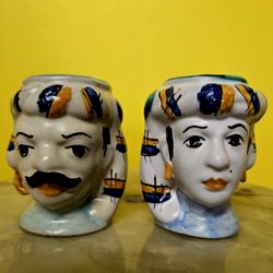 Hand Painted Sicilian Caltagirone Moorish Handpainted Small 3.5" Head Vases Also Known Teste Di Moro