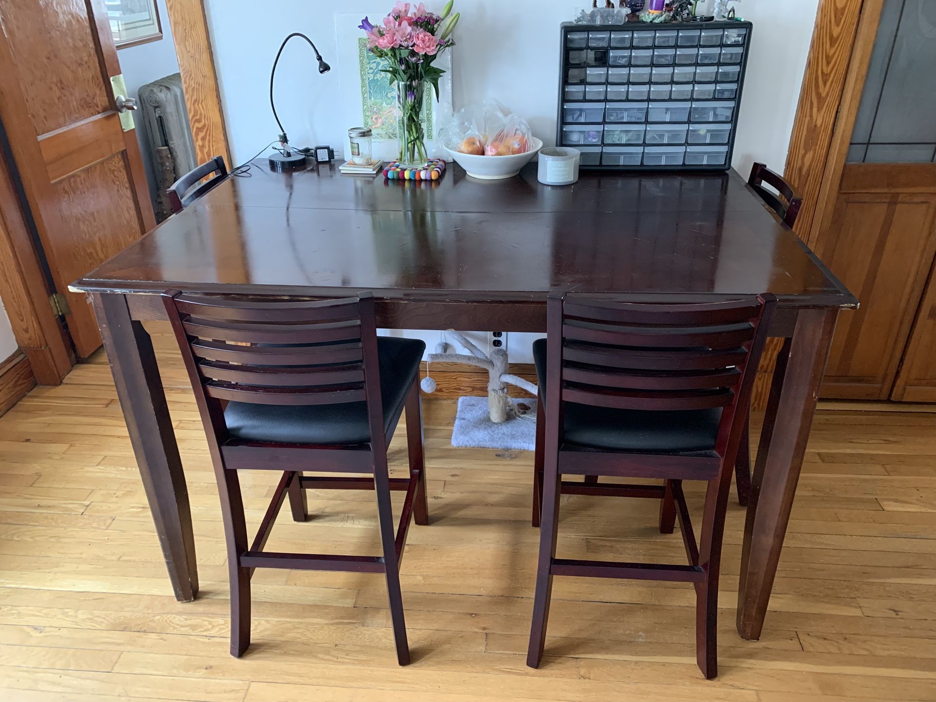 Bar-Height Dining Room Table With Leaf And 4 Chairs