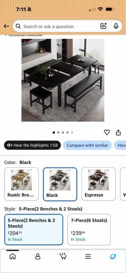 Black Dining Table Set with Benches and Stools