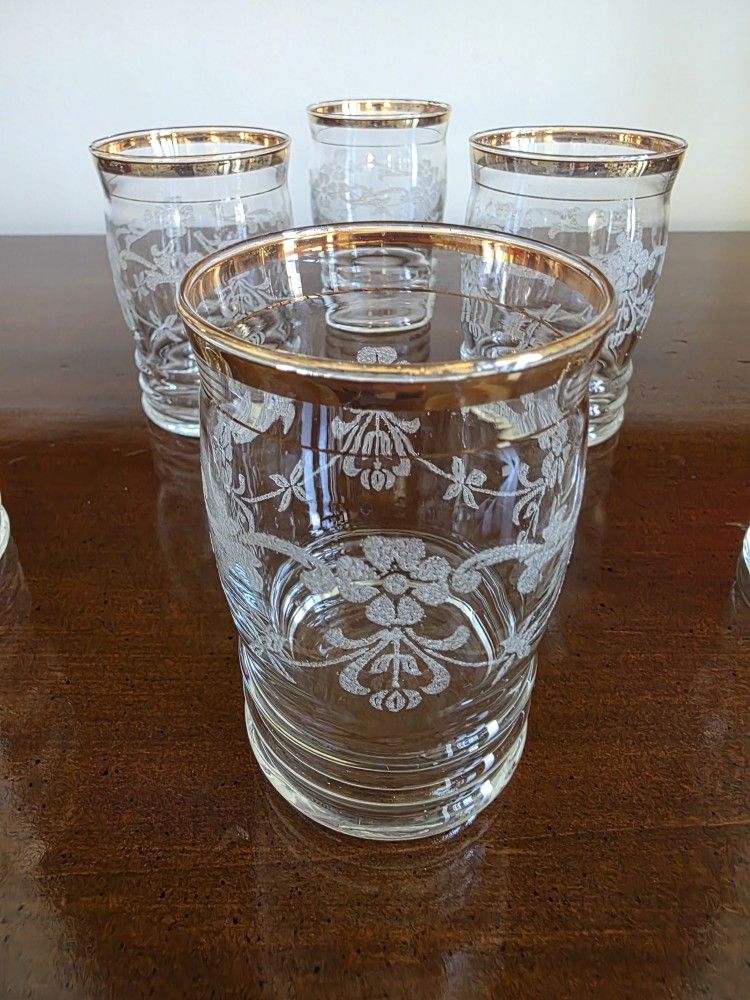 Set of six vintage etched glass tumblers with gold rim, by Macbeth-Evans 'Coralene' pattern