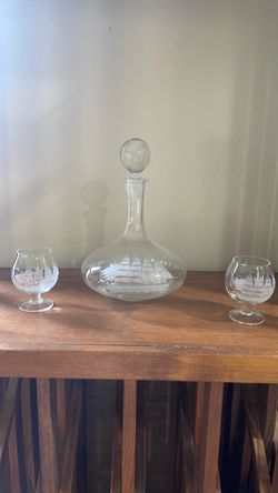 Glass Ship Decanter Set with Two Glasses