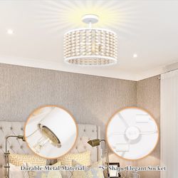 White Wood Beaded Boho Chandelier - Modern Nursery Ceiling Light Fixture, Beaded Semi Flush Mount Light, Farmhouse Lights for Bedroom Hallway Foyer Li