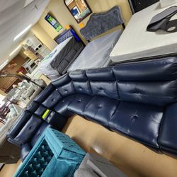 6 Peice Blue Leather Sectional . Move Pieces Around 