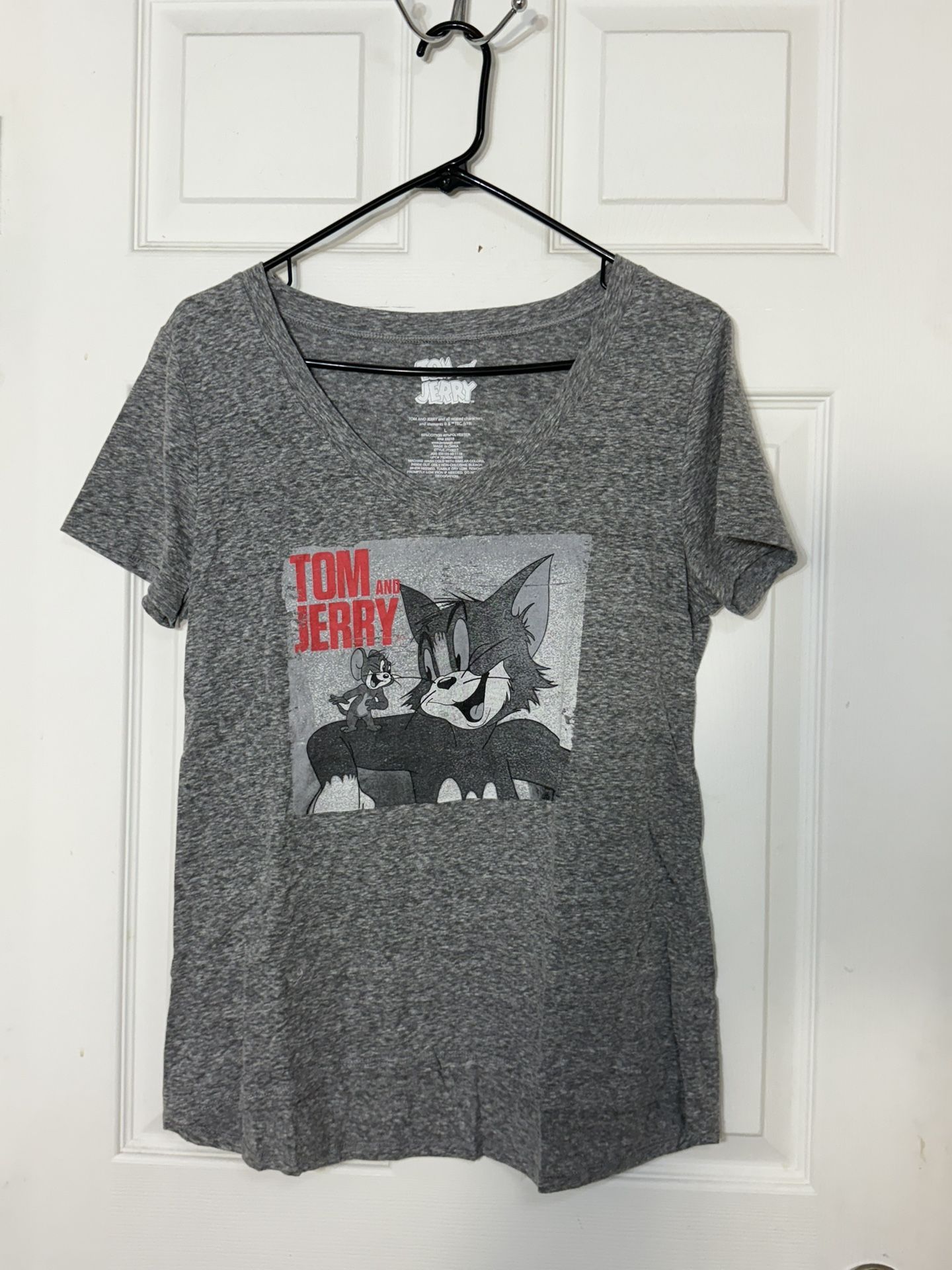 Tom & Jerry Juniors Shirt – Size L (Light Grey, V-Neck) 