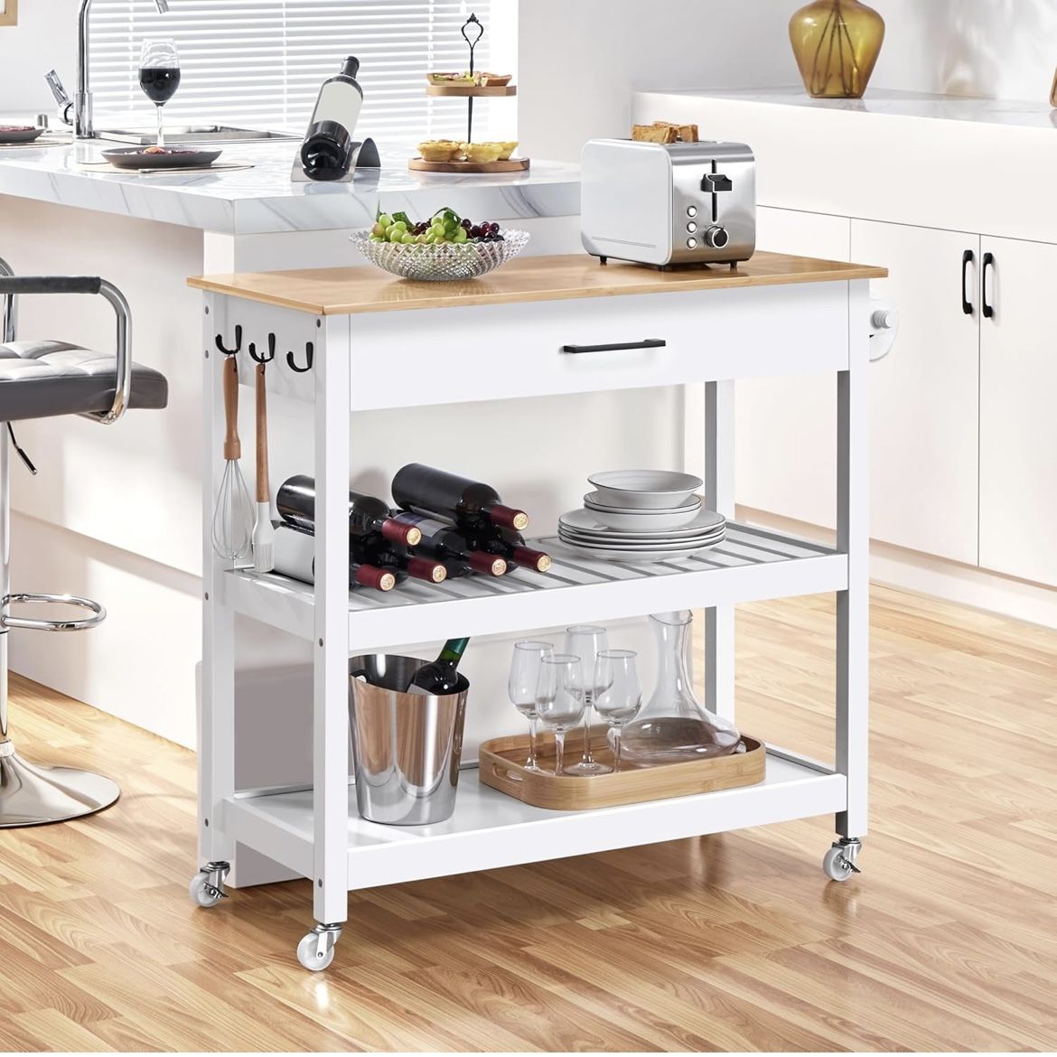 Kitchen Island Cart on Wheels with Bamboo Tabletop, 3-Tier Rolling Kitchen Island Microwave Cart with Drawer, Detachable Towel, 3 Hooks, 17" D x 37.5"