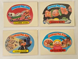 (4) VINTAGE 1986 TOPPS. GARAGE PAIL KIDS. TRADING CARDS STICKERS LOT. MISSING BORDER.