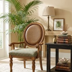 French Country Vintage Mid Century Modern Oval Back Dining Armchair with Cane Detailing