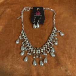 Light Blue Pearl Necklace And Earrings Set