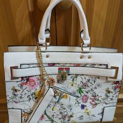 White/Floral Tote Bag Two Handles, Strap & Case