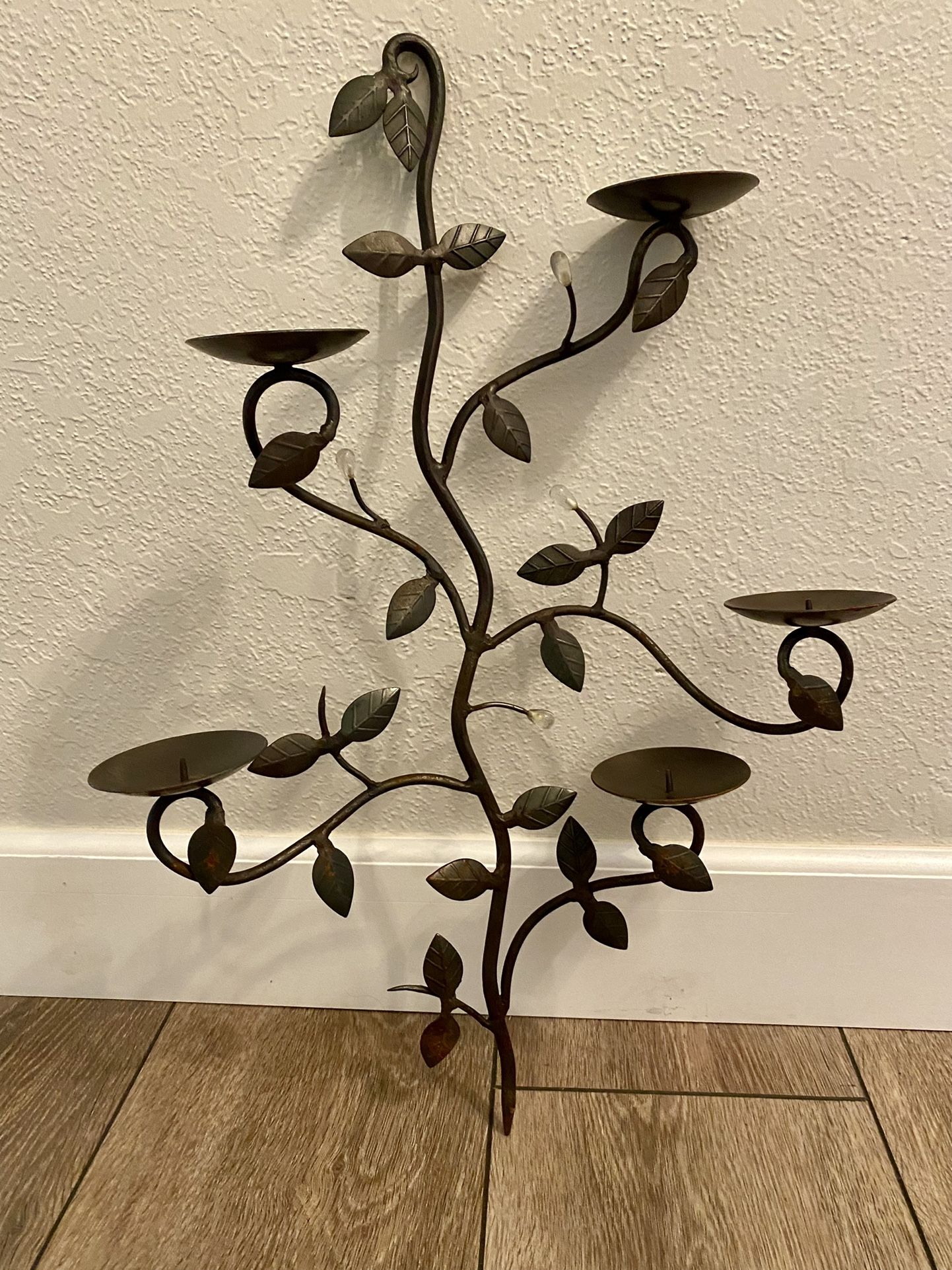 1980s Metal Branch 5 Candle Holder Wall Sconce with Leaves And Dew Drops