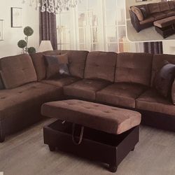 Brown Microfiber Sectional Couch And Ottoman