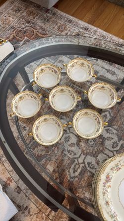 Vintage Noritake Aberdale Cream Soup Bowls – Set of 6 – Pink/Orange Floral with Gold Trim