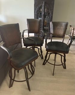 Brown leather bronze swivel barstools - bar height set of 3