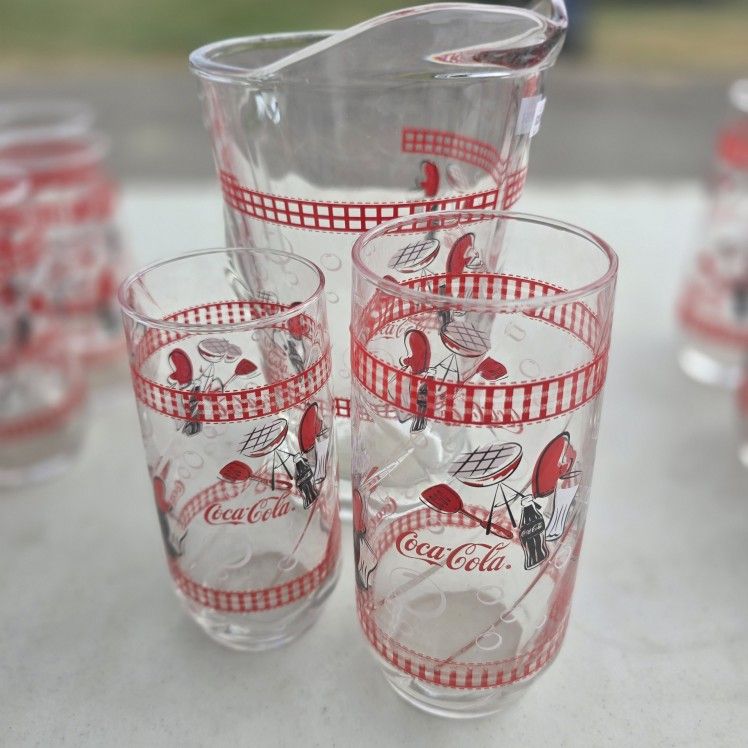Vintage Coca-Cola BBQ Cook Out Glass Pitcher set - 1990's