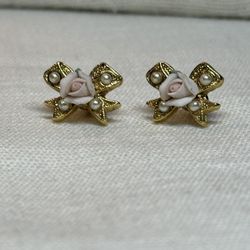 1928 Jewelry Co. Porcelain Rose and Faux Seed Pearl Pierced Bow Earrings 