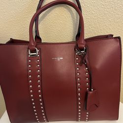 David Jones Red Stud-Decorated Leather Tote  Like New Brick  Red