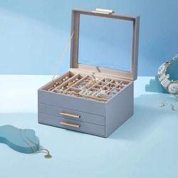 Jewelry Box with Glass Lid, 3-Layer Jewelry Storage Organizer with 2 Drawers Smoky Blue and Gold Color