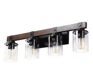 Farmhouse 27.2 in. 4-Light Walnut and Black Bathroom Vanity Light with Glass Shade