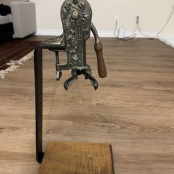 Rogar Estate Antique Brass Table Top Wine Bottle Opener w/ Wood Stand Corkscrew