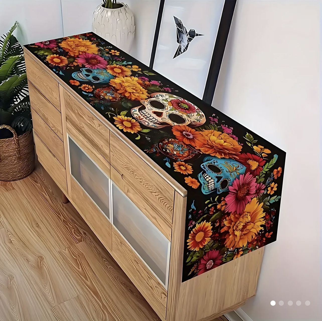 Flat Print Vibrant Mexican Sugar Skull Table Runner Colorful Floral Day of the Dead 12”x69”