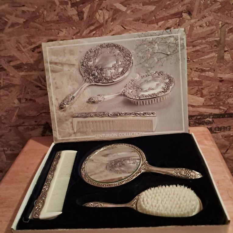 silver plated dresser set Silver Plated Three Piece Dresser Vanity Set Monogram C Hand Mirror Brush & Comb Boxed Romantic Hollywood Regency Decor Bathroom Bedroom