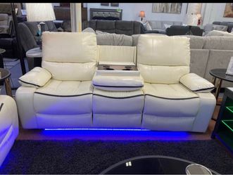 New White Leather Reclining Sofa with LED Lights