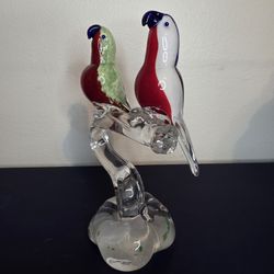 Pair of Perched Parrots Blown Glass Art