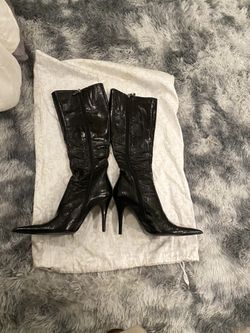 Icone Italy Black Pony Hair Leather Knee High Boots Pointed Toe Stiletto Size 7 US