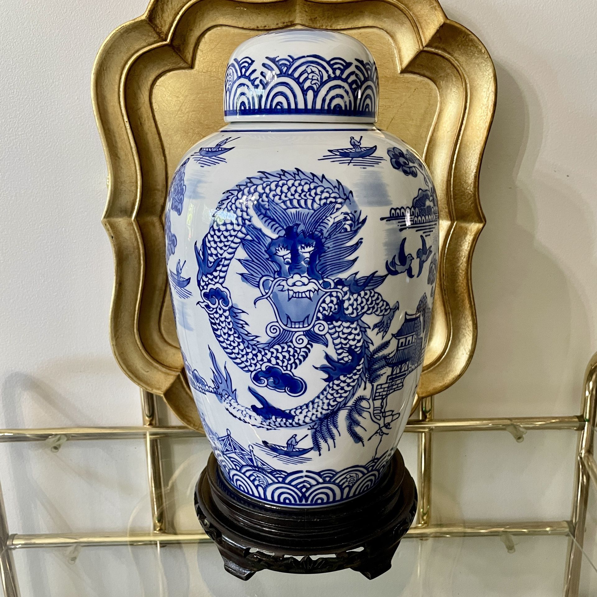 15” H Blue and White Chinoiserie Dragons and Pagodas Ceramic Lidded Ginger Jar (Base Not Included)