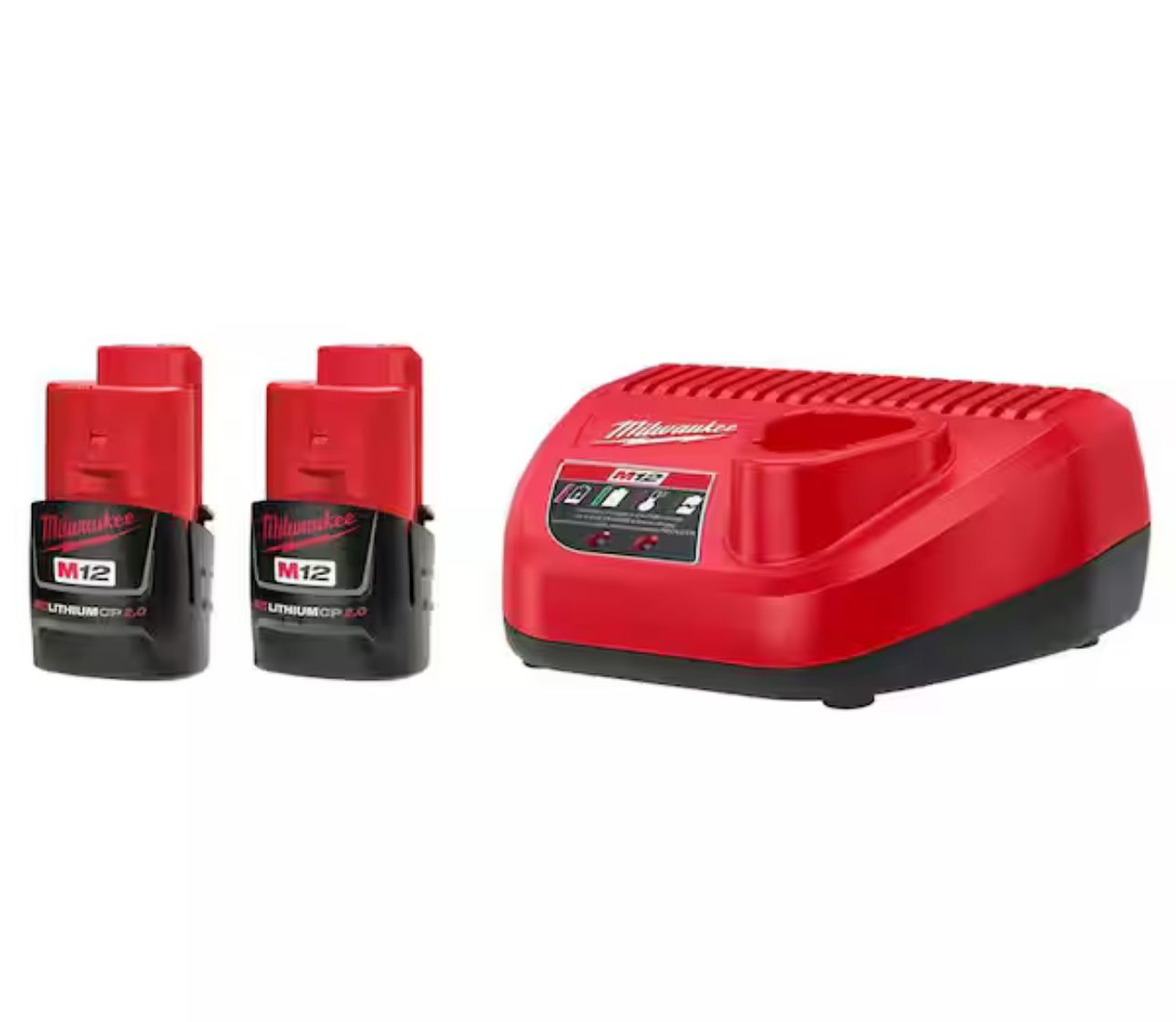 Two Milwaukee M12 2ah Batteries and Charger Kit