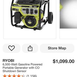 Ryobi 6.500 Watt Gasoline Powered Portable Generator With Co Shutdown Sensor 