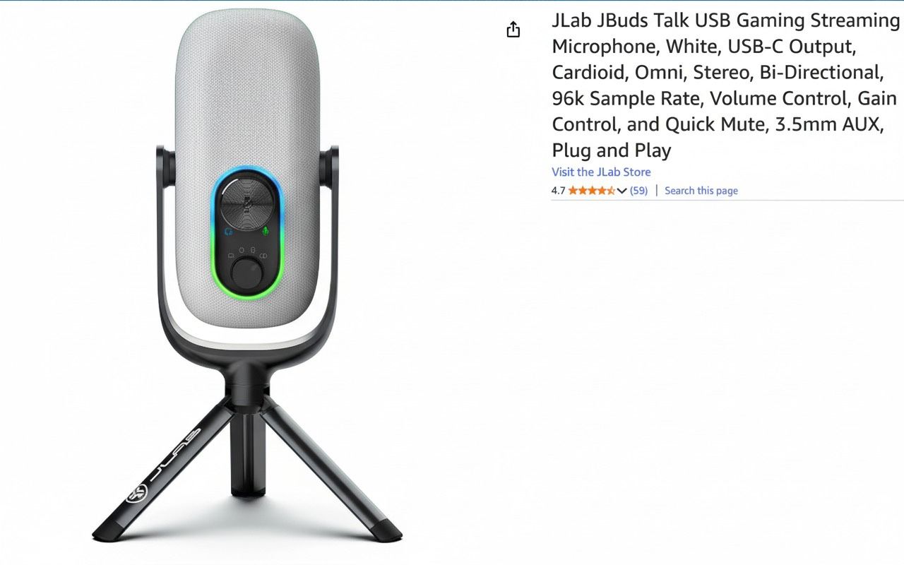 JLab JBuds Talk USB Gaming Streaming Microphone, White, USB-C Output, Cardioid, Omni, Stereo, Bi-Directional, 96k Sample Rate, Volume Control, Gain Co