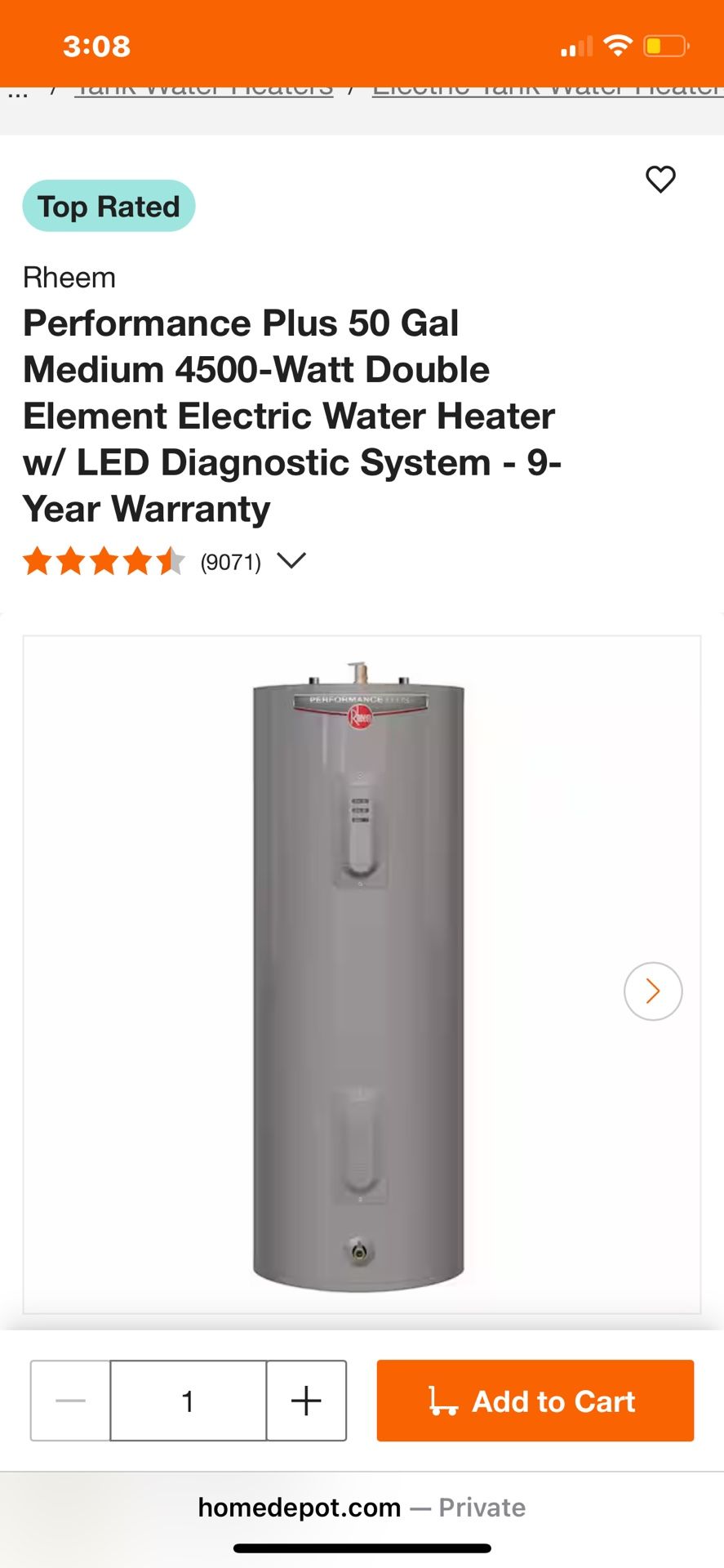 Rheem Electric Hot Water Tank 4500 Used Only 2 Yrs