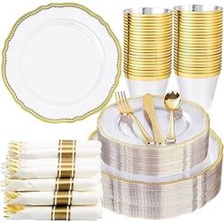 Hioasis 175pcs Clear Gold Plastic Dinnerware Set