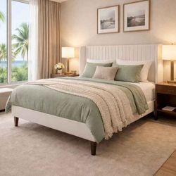 Full Bed Frame, Velvet Upholstered Platform Bed with Vertical Channel Tufted Headboard, Mattress Foundation with Strong Wooden Slats, Box Spring Optio