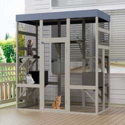 62.6 Gray Wooden Catio Outdoor Pet Enclosure with Waterproof Top, Spacious and Secure Cat House & Small Animal Cage, Black Rust-proof Metal Wire