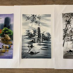 Set of 3 Vintage Chinese Paintings – River Village Scenes
