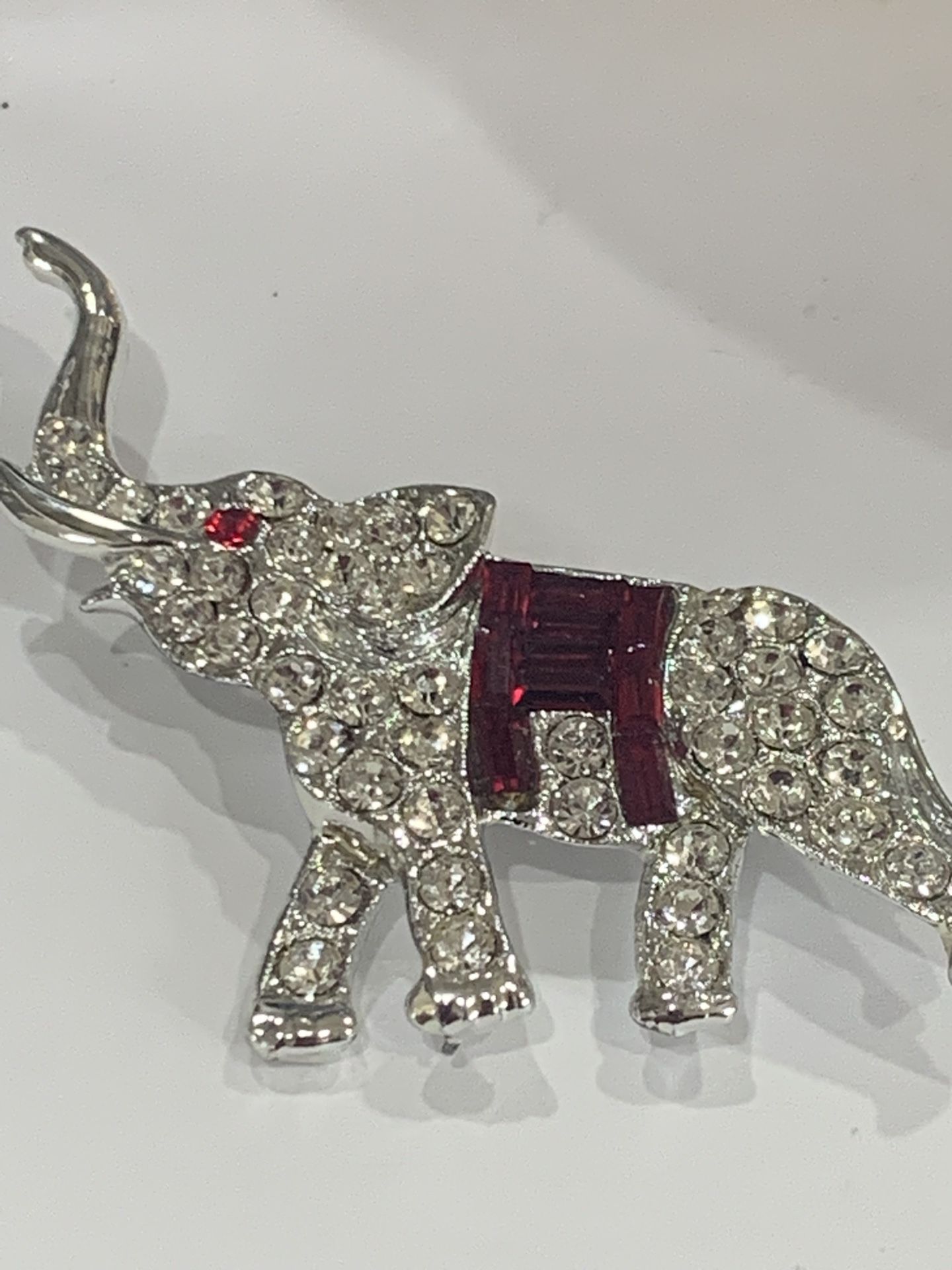 Elephant Brooch With Clear And Red Crystals