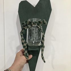 2 Green Wood Wall Art Hearts 💚 With Mason Jar🫙Vase 18” tall Very Cute $15 for both