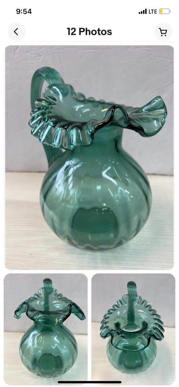 Antique Green Ruffle Glass Pitcher Vase Home Decor 