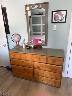 Bedroom furniture. Dresser with mirror attached and nightstand.