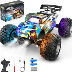 Remote Control Monster Truck, 1:18 2WD Off-Road Truck, 20 KM/H All-Terrain w/ Headlights & Body Lights, 2 Rechargeable Batteries