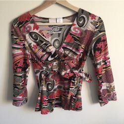 Vintage Y2K Multicolor Paisley Floral Groovy Wrap 60's Vibes V Neck Stretch Top