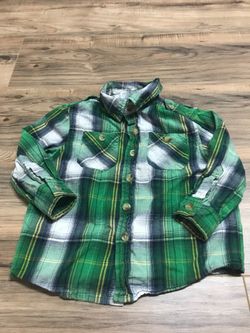 2T Cherokee L/S green plaid button up polo shirt - $5!!