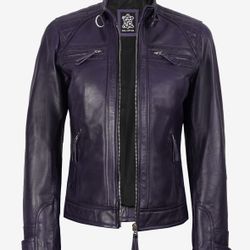 Women Purple Quilted Leather Cafe Racer Jacket 